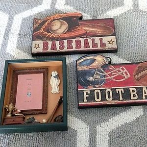 Lot of 3 vintage sports signs & frame